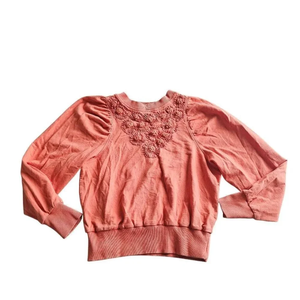 Anthropologie daily practice Sz S orange puff sweatshirt 3D floral
